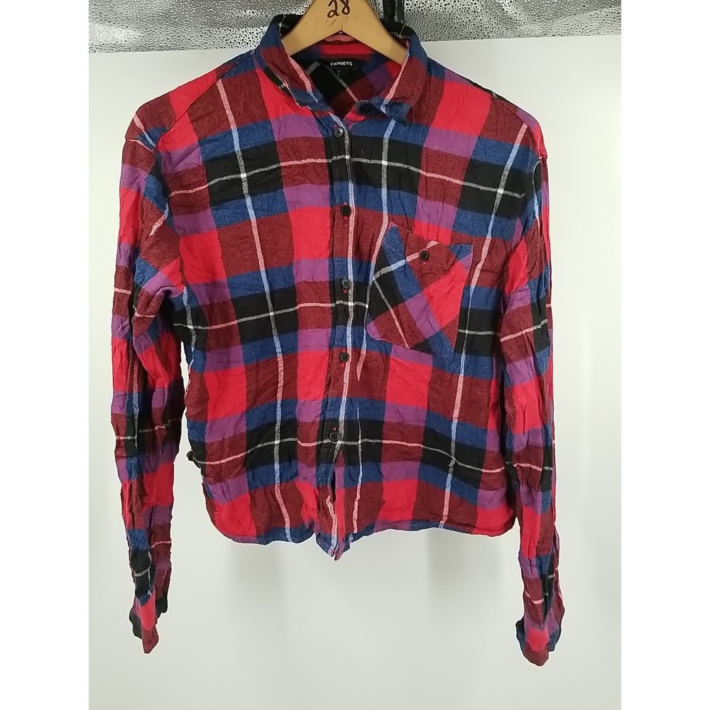 Express Womens Medium Plaid Flannel Long Sleeve Button Up Shirt Red Blue Black‎